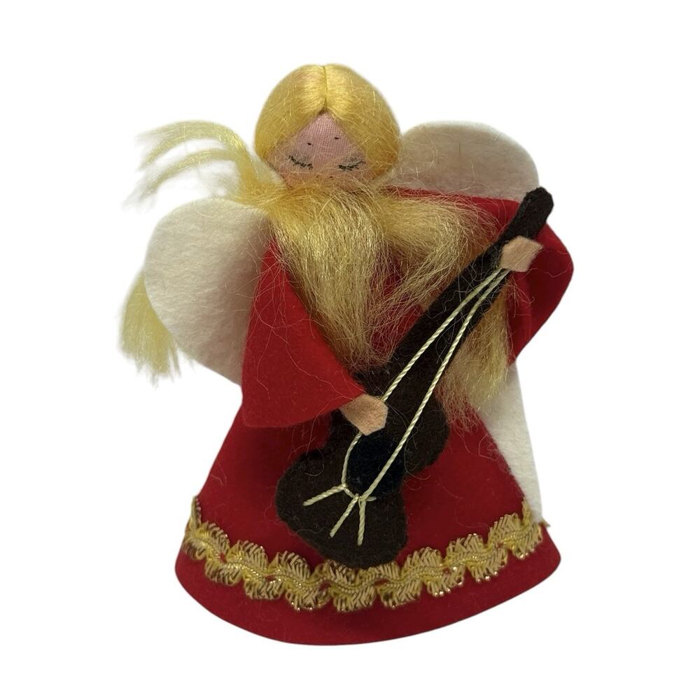 Vintage Handmade Felt Blond Angel Ornament Playing String Guitar Red Dress